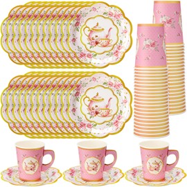 Domensi 60 Pcs Tea Party Decorations Include 30 Pcs 9 oz Paper Tea Cups with Handle and 30 Pcs Tea Party Paper Plates Disposable Blossom Teacups and Saucers for Tea Party Favors (Teapot)