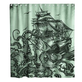 Final Friday Nautical Octopus Sail Boat Kraken Monster Theme Fabric Shower Curtain Sets Ocean Bathroom Decor with Hooks Waterproof Washable 70 x 70 inches Black Green and Teal