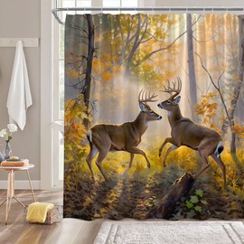 CCXTCZ Rustic Deer Shower Curtain Forest Animal Whitetail Elk Wildlife Country Hunting Sunset Autumn Fall Farmhouse Fabric Bathroom Decor Curtains with Hooks,Yellow