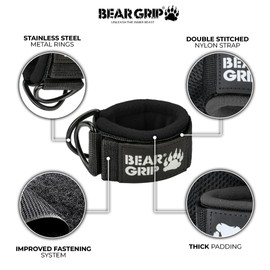 BEAR GRIP - Ankle Straps for Cables with New Fleece Design - Strong Closure, Double Stainless Steel D-Ring, Adjustable Neoprene - For Men & Women (Black Slim - Pair)