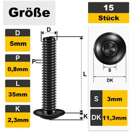 Pack of 15 M5 x 35 mm Rounded Head Screws with Flange, M5 Screws Black Hexagon Socket Drive Stainless Steel A2 V2A Full Thread with Key