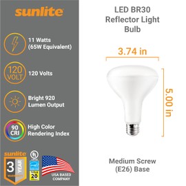 Sunlite LED BR30 Reflector Light Bulb, 11 Watts (65W=), 120V, 920 Lumens, 90 CRI, Medium E26 Base, Dimmable, Wide Flood, UL Listed, Energy Star, Title-20 Compliant, 6 Count, 2700K Soft White