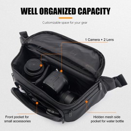Cwatcun Camera Bag Waterproof Camera Belt Bag, Daily Carry Storage Bag, Crossbody Bag for Canon, Nikon, Sony, Fuji DSLR/SLR/Mirrorless Camera, Lens, Black, L