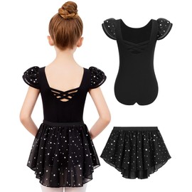 Zaclotre Girls Ballet Leotards with Removable High Low Skirt Toddler Ruffle Sleeve Hollow Back Dance Outfit Combo Black
