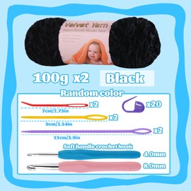 Chenille Yarn, 2 * 100g/7.05oz Baby Velvet Yarn, Blanket Yarn for Crochet Weaving Craft Yarn with 2 Crochet Hooks and Plastic Big Eye Needle (Black)