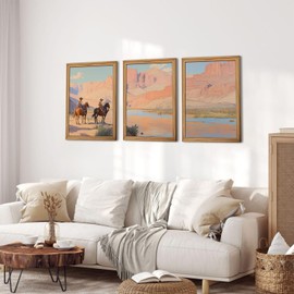 Framed Western Cowboy Canvas Wall Art Set of 3 - Vintage Cowboy Pictures Wall Decor, Rustic Mid Century Southwestern Ranch Landscapes Horse Prints Paintings for Living Room Bedroom 12x16 inch