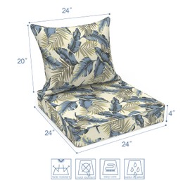 LVTXIII Outdoor Deep Seat Cushion Patio Seat and Back Cushion Set Seasonal Chair Cushion for Dining Arm Chairs, Wicker Chairs and Garden Furniture Decoration, 24"x24"x4", Lush Palm Blue