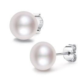 YAMI Pearl Earrings, 925 Sterling Silver Stud Earrings, Freshwater Cultured Pearl, Classic & Elegant, White Gold Plated Hypoallergenic Jewelry Gifts for Women, White 7-7.5MM