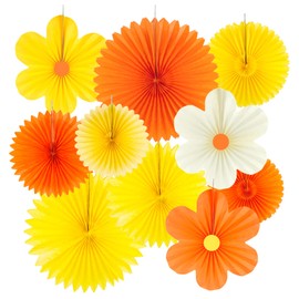 10 Pcs Paper Flowers Fans Decorations, Orange Yellow Daisy Party Decorations, Paper Flowers Hanging Decor for Birthday Classroom Baby Shower Wedding Ceiling Wall Backdrop