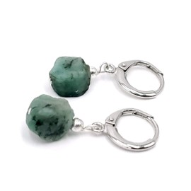 Natural raw emerald drop earrings with 925 sterling silver and rhodium plated hook, may birthstone dangle earrings, uniquelan Jewelry (emerald)