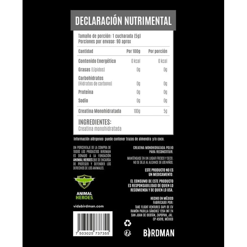 Birdman Creatina Monohidratada De Alta Pureza En Polvo 450g