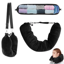 HSLXBY Fillable neck pillow, portable neck pillow, neck pillow travel, neck pillow aircraft, suitable for car trips, multifunctional U-shaped travel neck pillow (black plush)