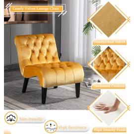 Comfy Velvet Accent Chair, Upholstered Armless Side Chair for Living Room, Modern Small Lounger with Tufted Back and Rolled Edge Design, Comfy Reading Chaise Lounge with Solid Rubber Wood Legs, Yellow