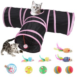Oziral Cat Tunnel, Cat Toy, T-Shaped, 4 Holes, 9.8 inches (25 cm), Foldable, Convenient Storage, Washable, Ball and Mouse Toy Included, Fun Toy, Single Play, Cat Play, Relieves Lack of Exercise,