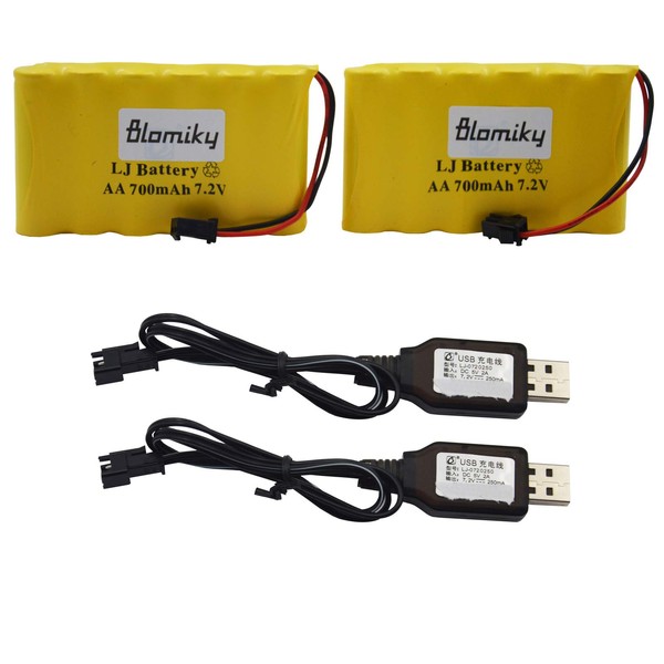 Bloimky 2 Pack 7.2V 700mAH NiCd AA Battery Pack and USB Charger Cable for Old Version 15 Channel 2.4G Huina 1550 550 RC Excavator 7.2V NiCd Battery and USB 2