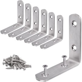 YUMORE L Bracket Corner Brace, 6Pcs 65x65mm Joint Right Angle Brackets Heavy Duty Stainless Steel 90 Degree Bracket Fastener for Wood Shelves Chair Tables Dressers Furniture with Screws