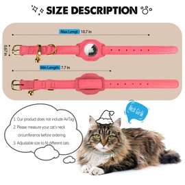 Jowlroel AirTag Cat Collar with Bell & Fabric Liner - Pet Collar Leather Cat Collar - Non Breakaway Leather Kitten Collar with AirTag Holder - GPS Cat Collars for Boy Cats, Girl Cats (Pink)