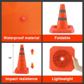 18 Inch 2 Pack Collapsible Traffic Safety Cones, Orange Parking Cones with Reflective Collars, Multi Purpose Pop-up Cones for Road Safety, Road Parking, Driving Training, Parking Lots
