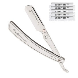 Parker SRX - Maquinilla de afeitar profesional de borde recto 100% acero inoxidable para hombres y 5 cuchillas Parker de borde recto premium – Diseñado para barberías y salas de afeitar