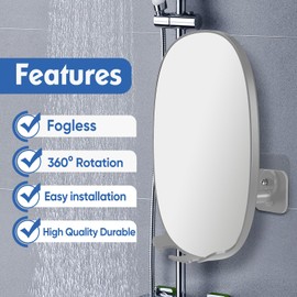 COSMIRROR Shower Mirror Fogless for Shaving with Updated Adhesive, 360° Rotation, Two Razor Holders No-Drilling Fogless Mirror for Shower, Shatterproof & Waterproof Bathroom Shaving Mirror Grey