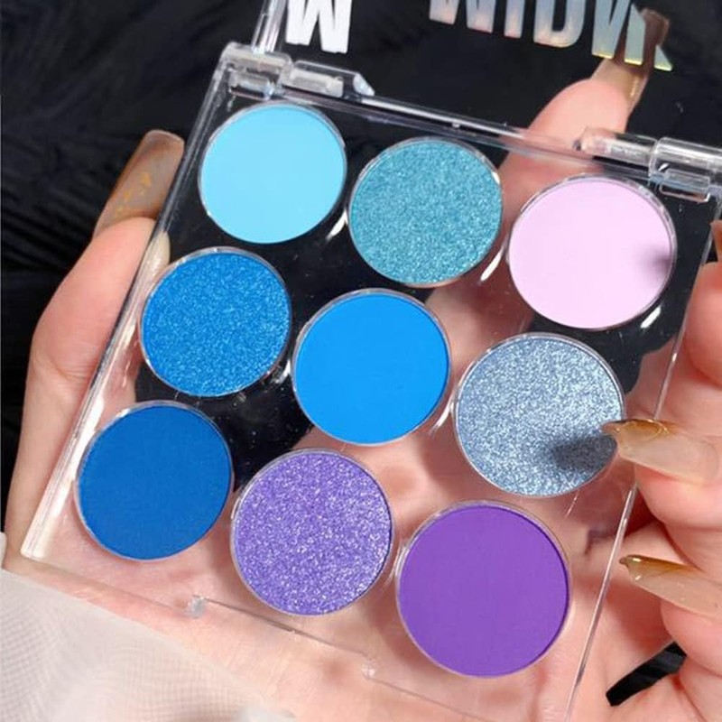 Teekerwan 9 Colours Shimmer Matte Blue Eyeshadow Palette, Highly Pigmented