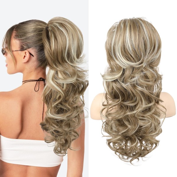 SEIKEA Ponytail Extension, 22" Long Wavy Curly Drawstring Ponytail Multi-layered