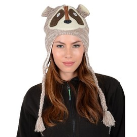 Ladies Animal Knitted Peru Hat with Fleece Lining Braids Tassels Racoon Face