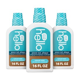 Hello Peace Out Plaque, Antigingivitis Alcohol Free Mouthwash, Natural Mint with Aloe Vera and Coconut Oil, Fluoride Free, Vegan, SLS Free and Gluten Free, 16 Ounce (Pack of 3)