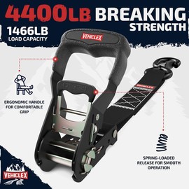 Vehiclex 1.5" x 15 ft 4,400 lb Heavy Duty Ratchet Tie Down Straps with Soft Loops – 4PK for Cargo & Equipment – Black