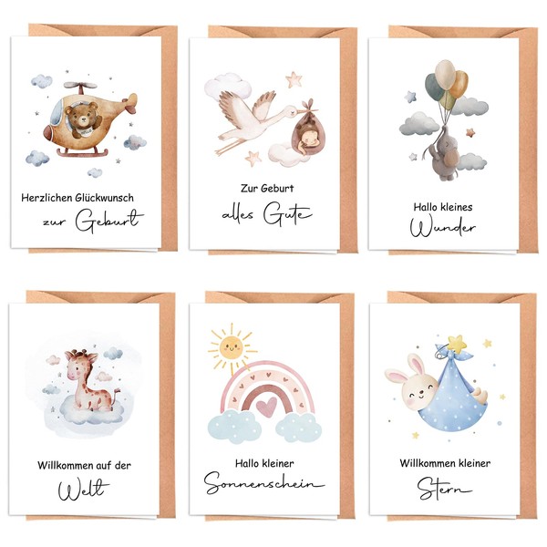 6 x High-Quality Birth Card with Envelope - A6 Folding