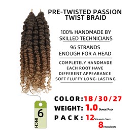 6 Inches 8 Packs Super Short Passion Twist Crochet Hair for Black Women and Kids-3 Tones Ombre Black to Brown Blonde, Pre Looped Pretwisted Crochet Hair Extension (6"-8 Packs,T1B/30/27)