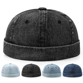 Initlove Mens Docker Hat Denim Brimless Sailor Hat Beanie Cap Black