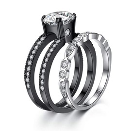 MABELLA CZ Black Wedding Band Engagement Ring Sets Stainless Steel Round Cut Cubic Zirconia Size 9