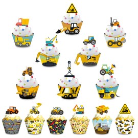 Construction Cupcake Toppers and Wrappers for Kids Set of 28pcs Digger Truck Forklift Dump Truck Tractor Excavator Car Engineering Themed for Boys Happy Birthday Baby Shower Party Supplies