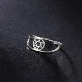 Dreamtimes Star of David Rings Stainless Steel Adjustable Open Rings Hexagram Jewish Ring FaithHeart Star of David Jewish Jewelry for Women Mens (SILVER)