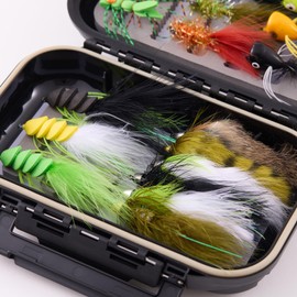 BASSDASH 18pcs Bass Fly Fishing Flies, Dry Wet Flies Poppers in Hook Sizes 1/0, 4, 6 with Waterproof Fly Box