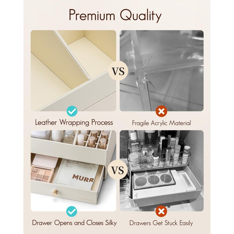 Vlando Makeup Organzier,Vanity Organizer with Drawers, PU Leather Skincare Organizer