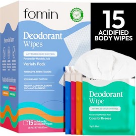 FOMIN Toallitas Desodorantes De Viaje Acidificadas Para Mujer Y Hombre - Paquete Variado De 15 Unidades - Ph Equilibrado, Tamaño Mini De Viaje - Sin Plástico, Toallitas Corporales Para Axilas Envuelta