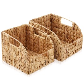 Casafield Set of 2 Water Hyacinth Pantry Baskets with Handles - Natural, Woven Storage Bin Organizers for Kitchen Shelves, Medium and Large Sizes
