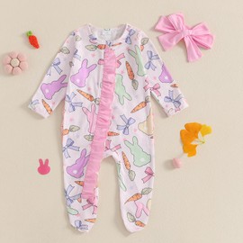 Easter Baby Girl Outfit Ruffle Bunny Print Footies Romper Jumpsuit Newborn Infant Baby Girl Easter Bunny Clothes (Colorful, 0-3 Months)
