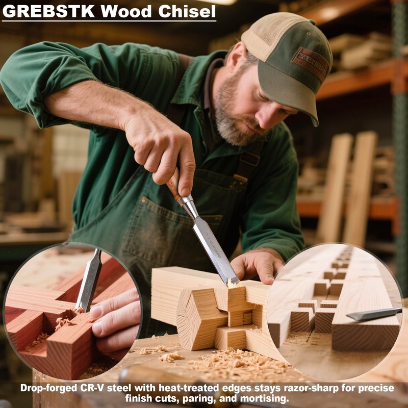 GREBSTK 4 Pcs Wood Chisel Set, CRV Steel Bevel Sharp