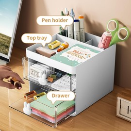 Catekro Small Desk Organizer with 2 Drawers, Cute Pen Holder, Storage Box for Desk, Rabbit Desk Organizer and Accessories with 3 Compartments for Office Art Supplies