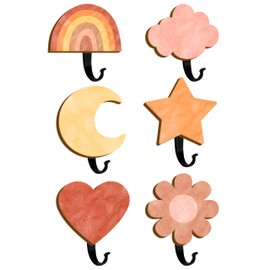 MOSITU 6Pcs Kids Coat Rack Hook Cute Coat Hooks Boho Wooden Wall Hooks Hanging Decorative Clothes Key Hat Hanger Nursery Wall Mounted Coat Hook for Kids Room Bedroom Bathroom Home Decor