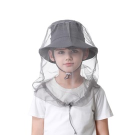 Kids Mosquito Head Net Hat - Bug Cap UPF 50+ Sun Protection for Beekeeping Garden Fishing Dark Grey