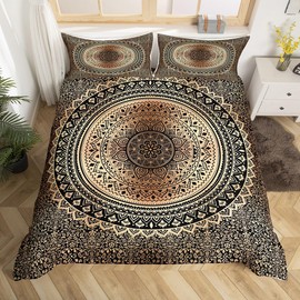 Castle Fairy Brown Black Mandala Bedding Set King Size,Boho Trippy Duvet Cover Set for Kid Teen Boys Girls,Bohemian Art Comforter Cover Decorative Room,Indian Hippie Quilt Cover with 2 Pillowcases
