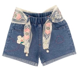 Peacolate 4-10Y Little&Big Girls Denim Summer Shorts Teens Elastic Waistband Heart Jeans (9-10Years)