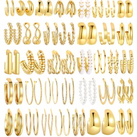 36 Pairs Gold Hoop Earrings Set for Women, Fashion Chunky Gold Hoop Earrings Multipack, Hypoallergenic Pearl Chain Twisted Statement Earring Pack for Birthday Party