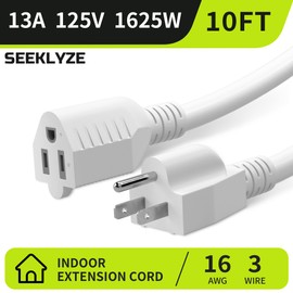 16/3 White Extension Cord 10 FT, Indoor Extension Cord for Laptops, Coffee Makers, Office Home Appliances, 3 Prong Resistant Cable Flexible, 13A 125V 1625W ETL Listed