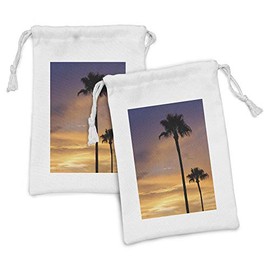 Ambesonne Palm Tree Fabric Pouch Set of 2, PalmTrees Twilight in Tropical Environment Natural Beauty at Sunset Scene Print, Small Drawstring Bag for Toiletries Masks and Favors, 9" x 6", Yellow Black