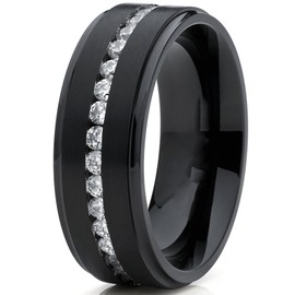 Metal Masters Black Titanium Men's Eternity Wedding Band Ring with Cubic Zirconia CZ, Comfort Fit 8mm SZ 8